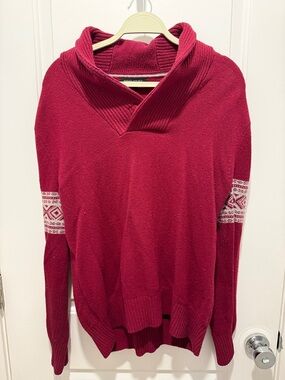 Banana Republic Deep Red Shawl-Turtleneck Sweater with Patterned Sleeve Bands